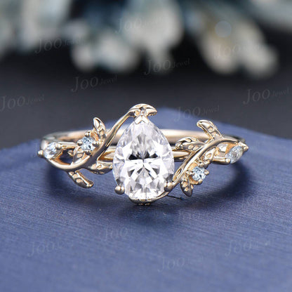 1.25ct Nature Inspired Pear Cut Moissanite Engagement Ring Set Leaf Branch Real Aquamarine Cluster Wedding Ring for Women Anniversary Gifts