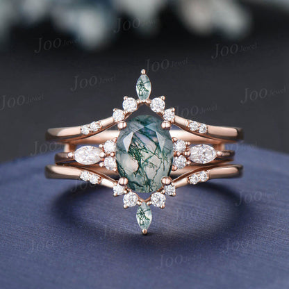 1.5ct Oval Cut Natural Green Moss Agate Engagement Rings 14K Rose Gold Double Curved Moissanite Moss Agate Enhancer Wedding Band for Women