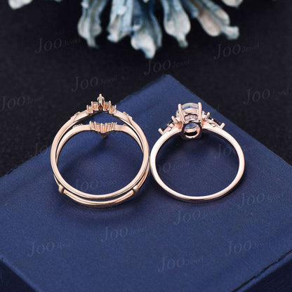 3pcs Oval Natural Rainbow Moonstone Bridal Ring Set Vintage Color-Change Alexandrite Wedding Ring June Birthstone Birthday/Anniversary Gifts