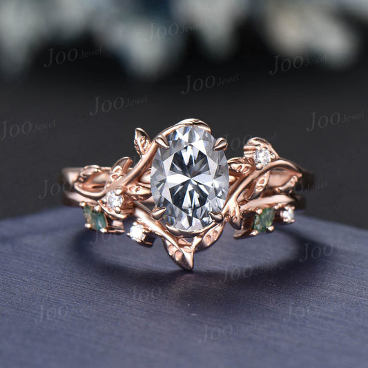 Vintage 1.5ct Oval Gray Moissanite Engagement Ring Leaf 14k Rose Gold Ring Branch Twig Nature Inspired Moss Agate Diamond Wedding Ring Women