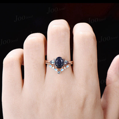 Oval Galaxy Blue Sandstone Alexandrite Engagement Ring Set 14K Rose Gold Moonstone Wedding Ring Unique Vintage Blue Gemstone Jewelry Gifts