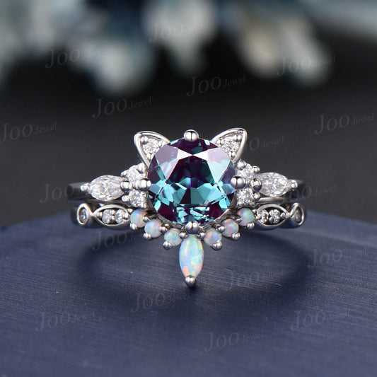 Cat Themed Engagement Ring Round Color-Change Alexandrite Opal Bridal Set Unique White Gold Kitten Ring Unique Gifts For Cat Lover/Daughter