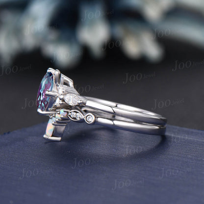 Cat Themed Engagement Ring Round Color-Change Alexandrite Opal Bridal Set Unique White Gold Kitten Ring Unique Gifts For Cat Lover/Daughter