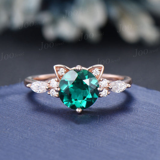 Peekaboo Kitten Cat Engagement Ring Vintage 1.2ct Round Cut Green Emerald Moissanite Promise Wedding Ring May Birthstone Gifts for Cat Lover