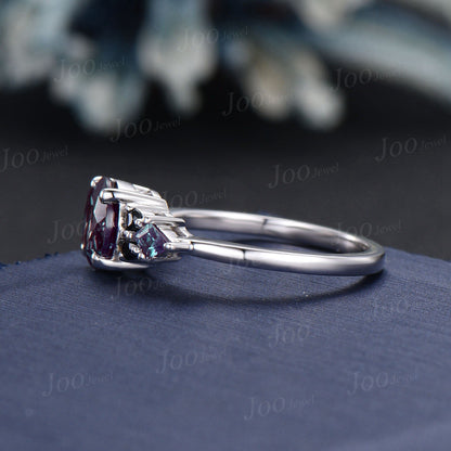 Round Cut Color-Change Alexandrite Engagement Rings 14K White Gold Black Spinel Kite Alexandrite Ring Unique June Birthstone Birthday Gifts