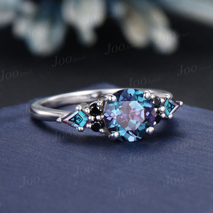 Round Cut Color-Change Alexandrite Engagement Rings 14K White Gold Black Spinel Kite Alexandrite Ring Unique June Birthstone Birthday Gifts