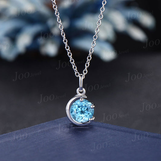 Dainty 6.5mm Natural Swiss Blue Topaz Pendant Necklace Sterling Silver/14K Solid Gold Unique Round Light Blue Stone Celestial Moon Jewelry