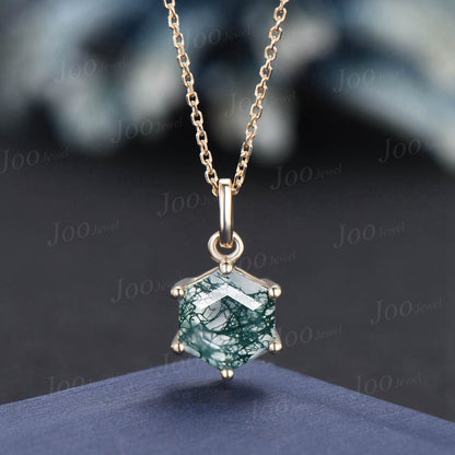 Silver Hexagon Natural Moss Agate Necklace Solid 14k/18k Rose Gold Vintage Personalized Solitaire Wedding Pendant Anniversary Bridal Gifts