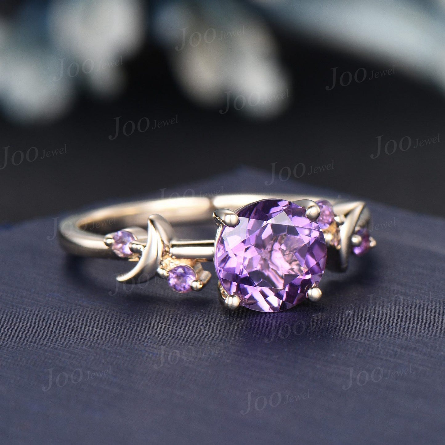 Round Natural Purple Amethyst Moon Wedding Ring Cluster Amethyst Ring Rose Gold Purple Crystal Celestial Promise Ring Unique Birthday Gifts