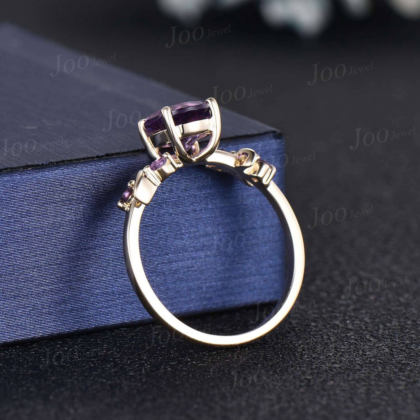 Round Natural Purple Amethyst Moon Wedding Ring Cluster Amethyst Ring Rose Gold Purple Crystal Celestial Promise Ring Unique Birthday Gifts