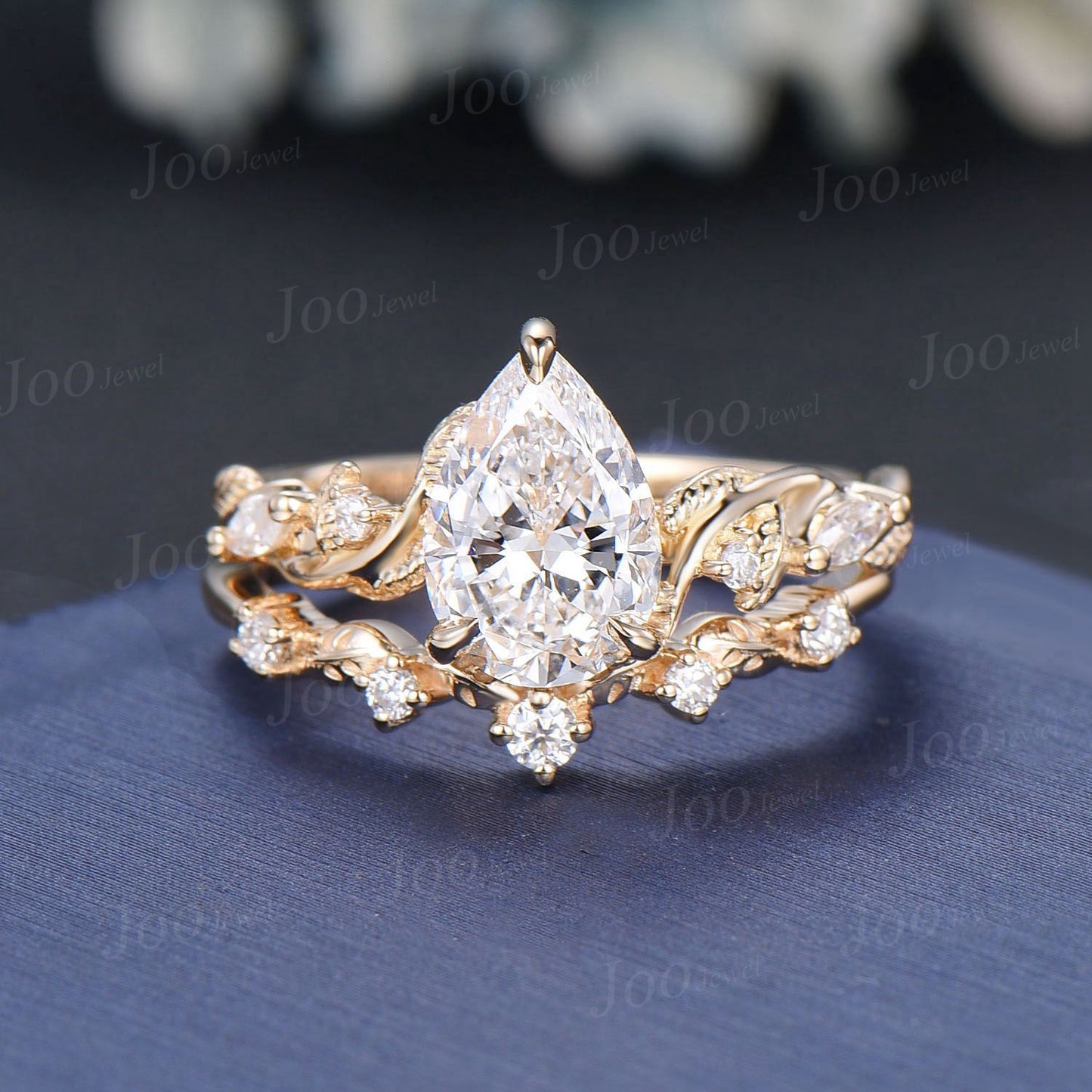 Twist Twig Vine Nature Inspired Pear Moissanite Engagement Ring Set 14K White Gold Leaf Moissanite Diamond Wedding Bridal Set Promise Gifts