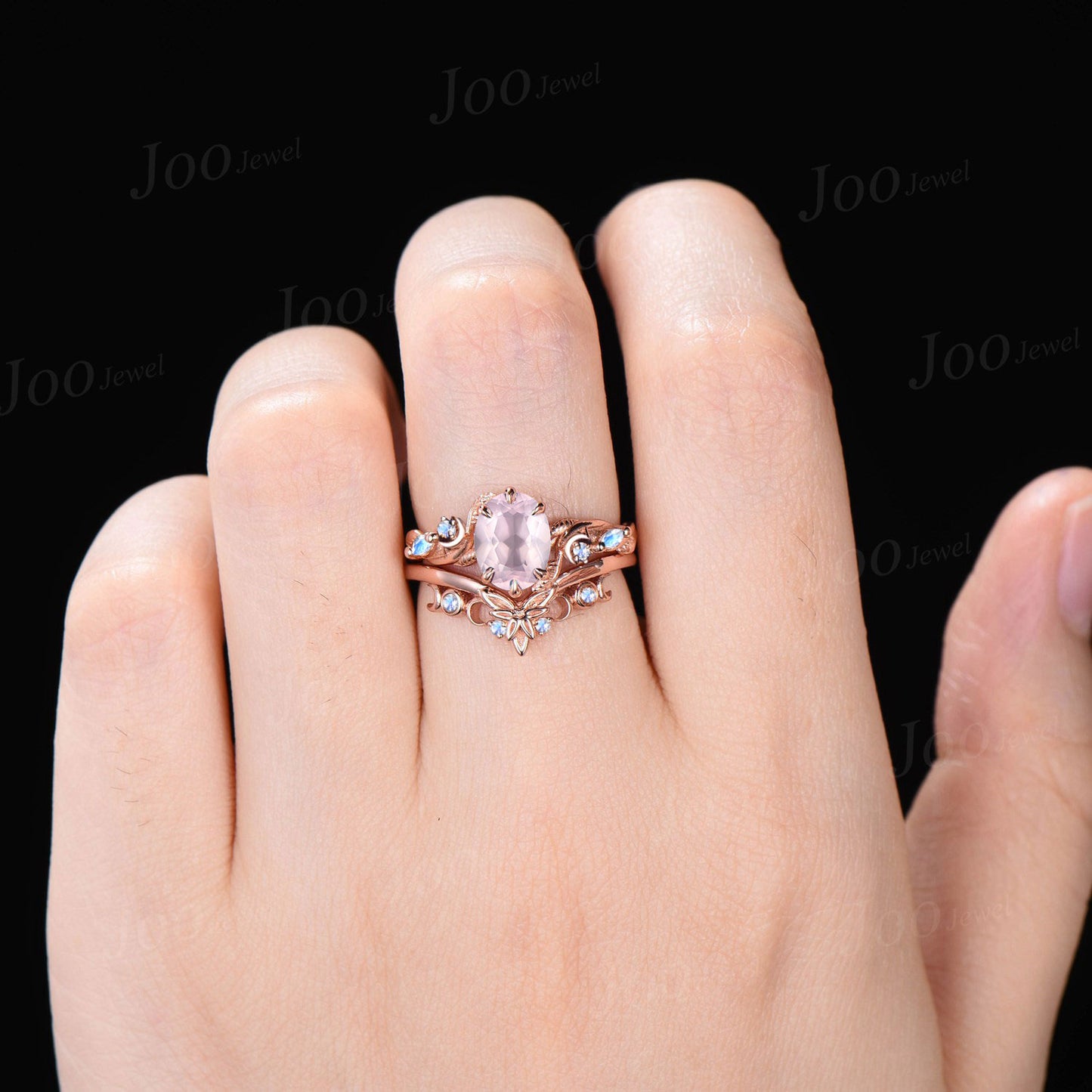 1.5ct Oval Natural Rose Quartz Branch Engagement Ring Nature Style Trinity Knot Moon Moonstone Band 14K Rose Gold Pink Crystal Wedding Ring