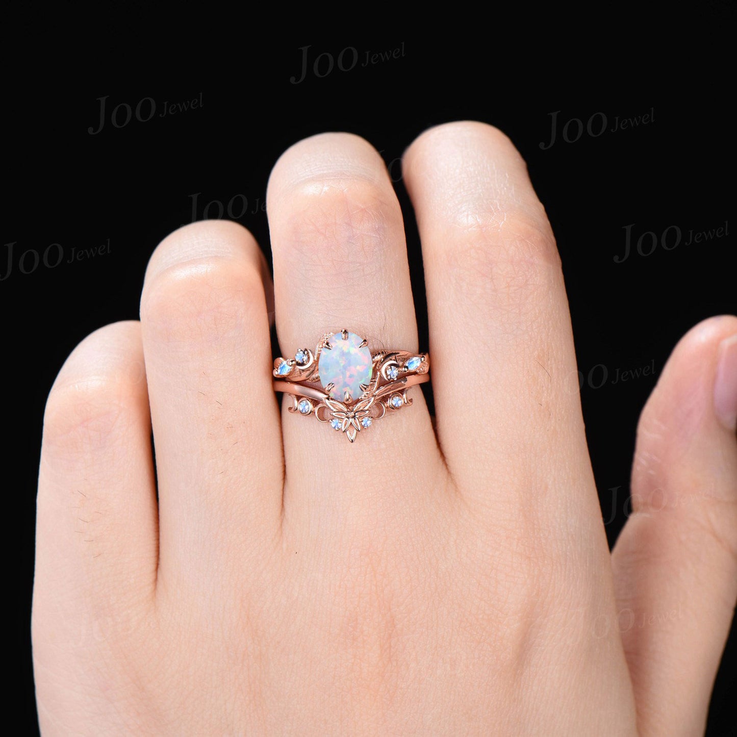 1.5ct Oval Nature Inspired White Opal Engagement Ring Trinity Knot Triple Moon Moonstone Band Rose Gold October Birthstone Moon Wedding Ring