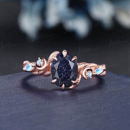 1.5ct Oval Cut Galaxy Blue Sandstone Moonstone Moon Bridal Ring Set Nature Inspired Starry Sky Blue Goldstone Wedding Ring Celtic Knot Band