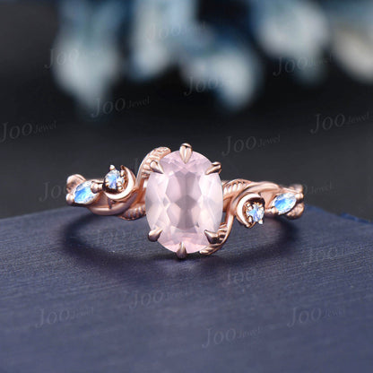 1.5ct Oval Natural Rose Quartz Branch Engagement Ring Nature Style Trinity Knot Moon Moonstone Band 14K Rose Gold Pink Crystal Wedding Ring