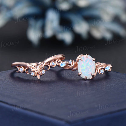 1.5ct Oval Nature Inspired White Opal Engagement Ring Trinity Knot Triple Moon Moonstone Band Rose Gold October Birthstone Moon Wedding Ring