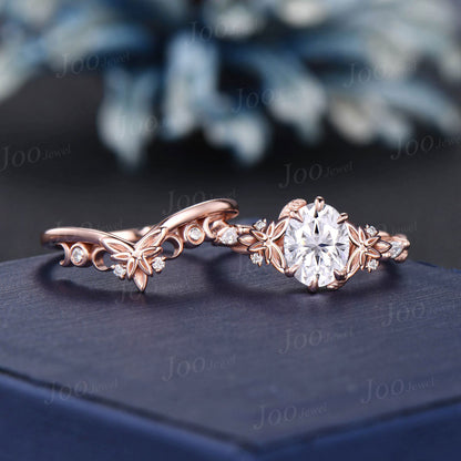 Viking Celtic Knot Crescent Moissanite Diamond Nature Engagement Ring Set Vintage 14k Rose Gold Twisted Leaf Branch Oval Wedding Ring Women