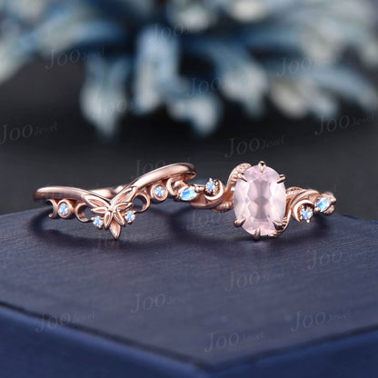 1.5ct Oval Natural Rose Quartz Branch Engagement Ring Nature Style Trinity Knot Moon Moonstone Band 14K Rose Gold Pink Crystal Wedding Ring