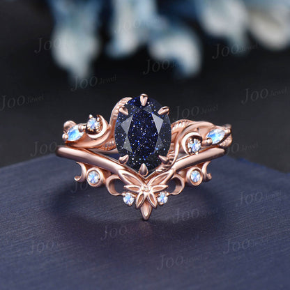 1.5ct Oval Cut Galaxy Blue Sandstone Moonstone Moon Bridal Ring Set Nature Inspired Starry Sky Blue Goldstone Wedding Ring Celtic Knot Band