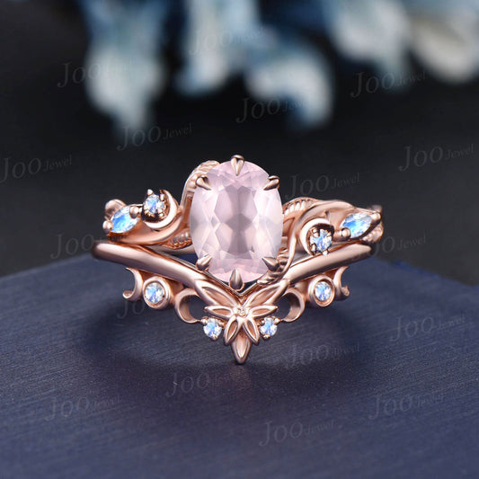 1.5ct Oval Natural Rose Quartz Branch Engagement Ring Nature Style Trinity Knot Moon Moonstone Band 14K Rose Gold Pink Crystal Wedding Ring