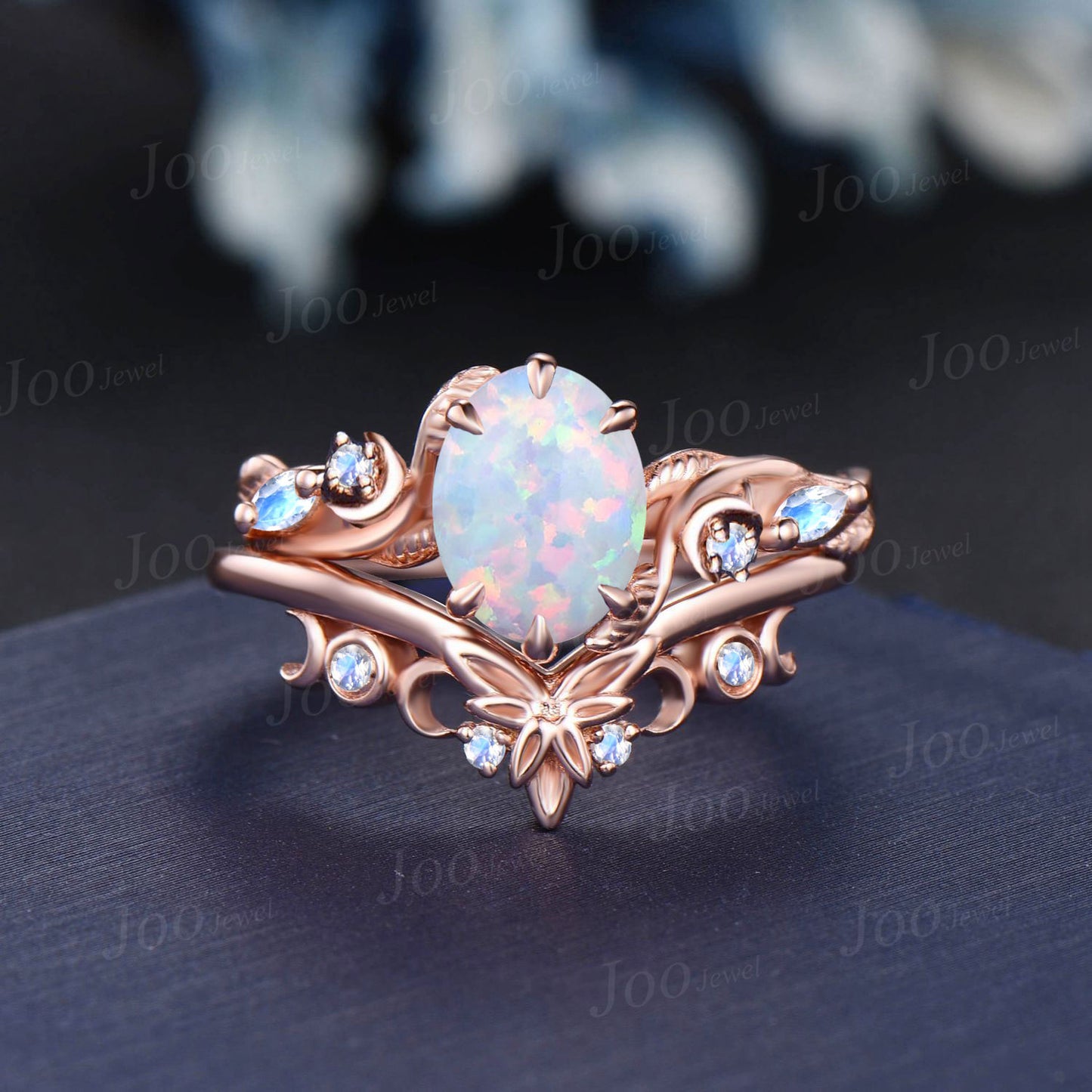 1.5ct Oval Nature Inspired White Opal Engagement Ring Trinity Knot Triple Moon Moonstone Band Rose Gold October Birthstone Moon Wedding Ring