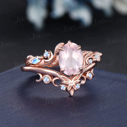 1.5ct Oval Natural Rose Quartz Branch Engagement Ring Nature Style Trinity Knot Moon Moonstone Band 14K Rose Gold Pink Crystal Wedding Ring