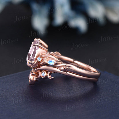 1.5ct Oval Natural Rose Quartz Branch Engagement Ring Nature Style Trinity Knot Moon Moonstone Band 14K Rose Gold Pink Crystal Wedding Ring