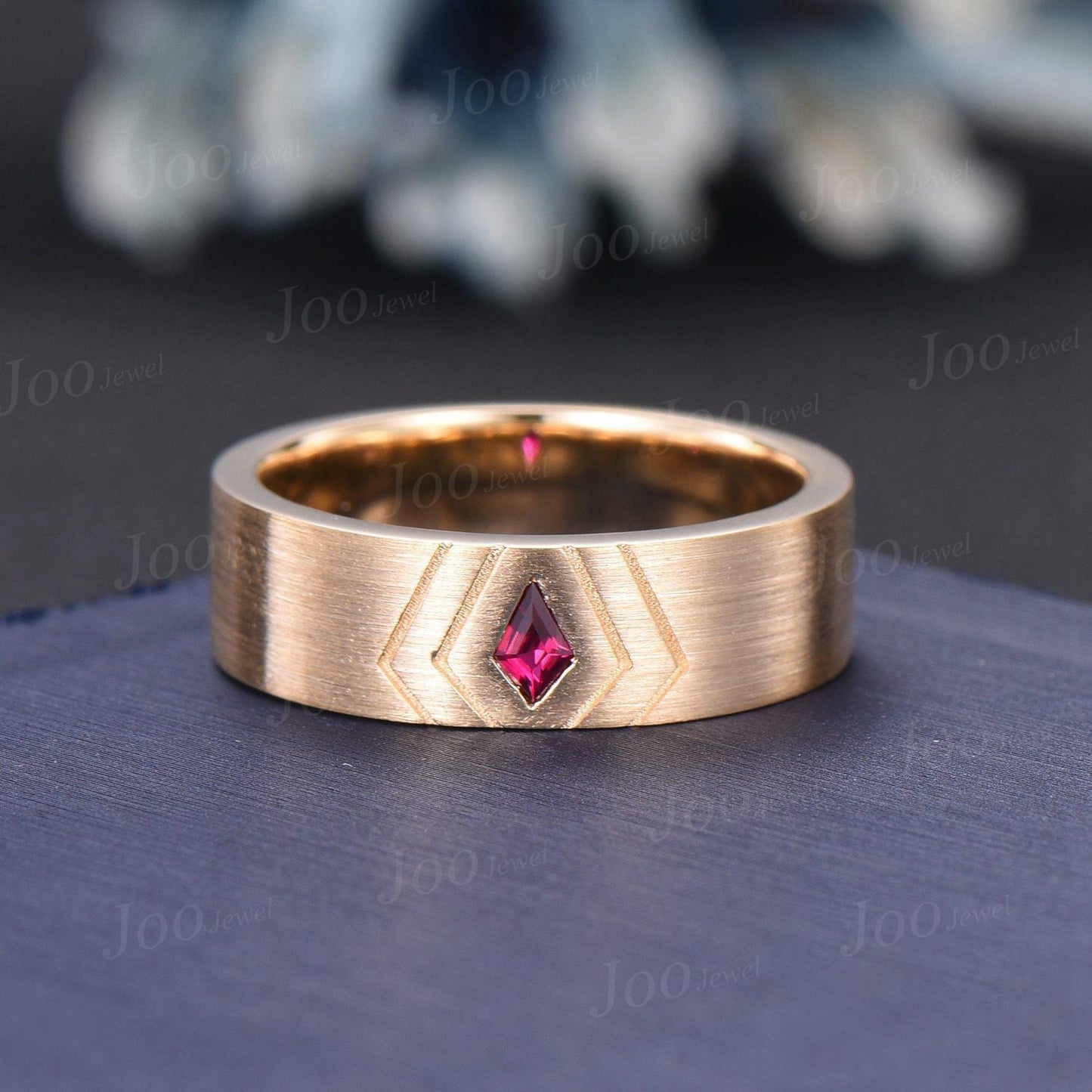 6mm Natural Garnet Mens Brushed Wedding Band 14K Yellow Gold Princess Cut Garnet Promise Ring Pinky Ring Matte Finish Gold Wedding Band Mens