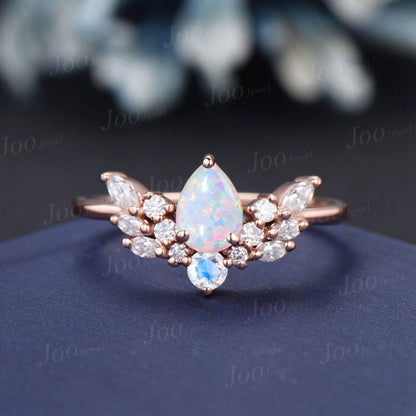 Pear Cut White Opal Ring Angel Wing Design Moissanite Opal Cluster Wedding Ring Round Cut Moonstone Promise Ring Personalized Handmade Gifts