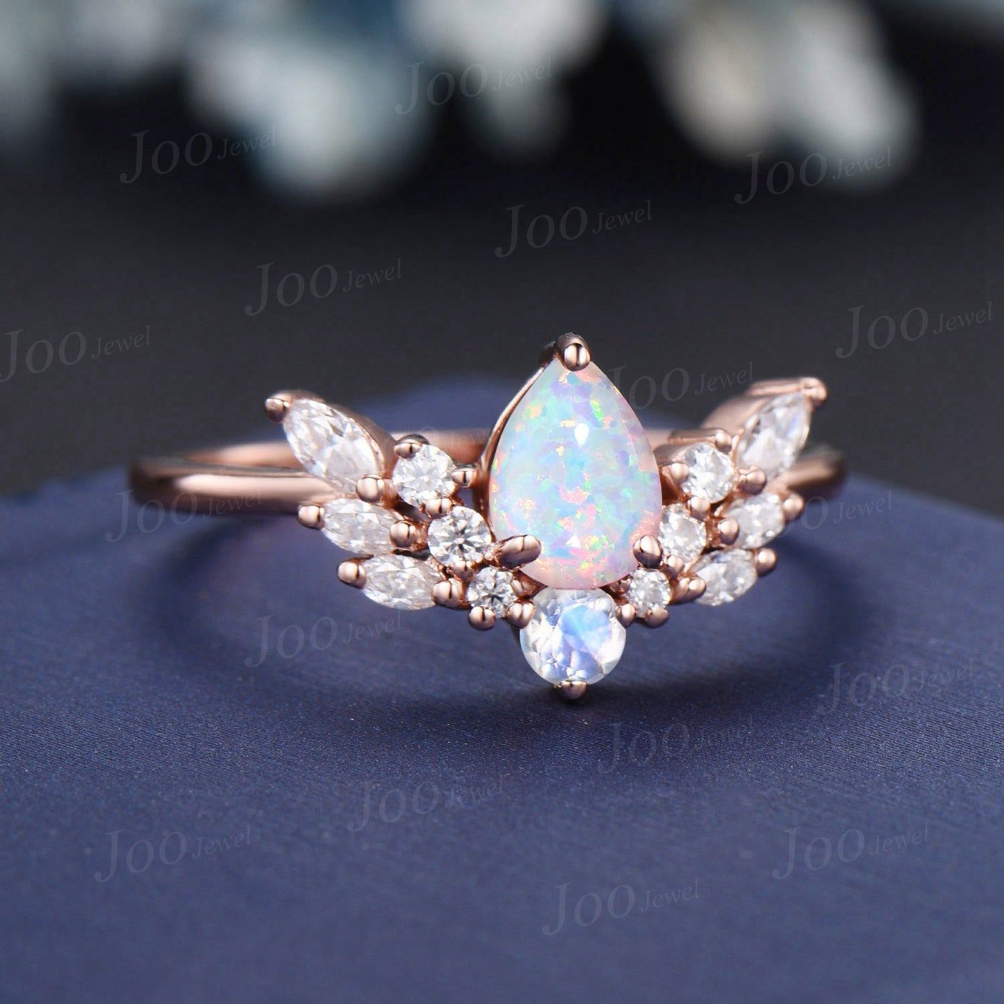 Pear Cut White Opal Ring Angel Wing Design Moissanite Opal Cluster Wedding Ring Round Cut Moonstone Promise Ring Personalized Handmade Gifts