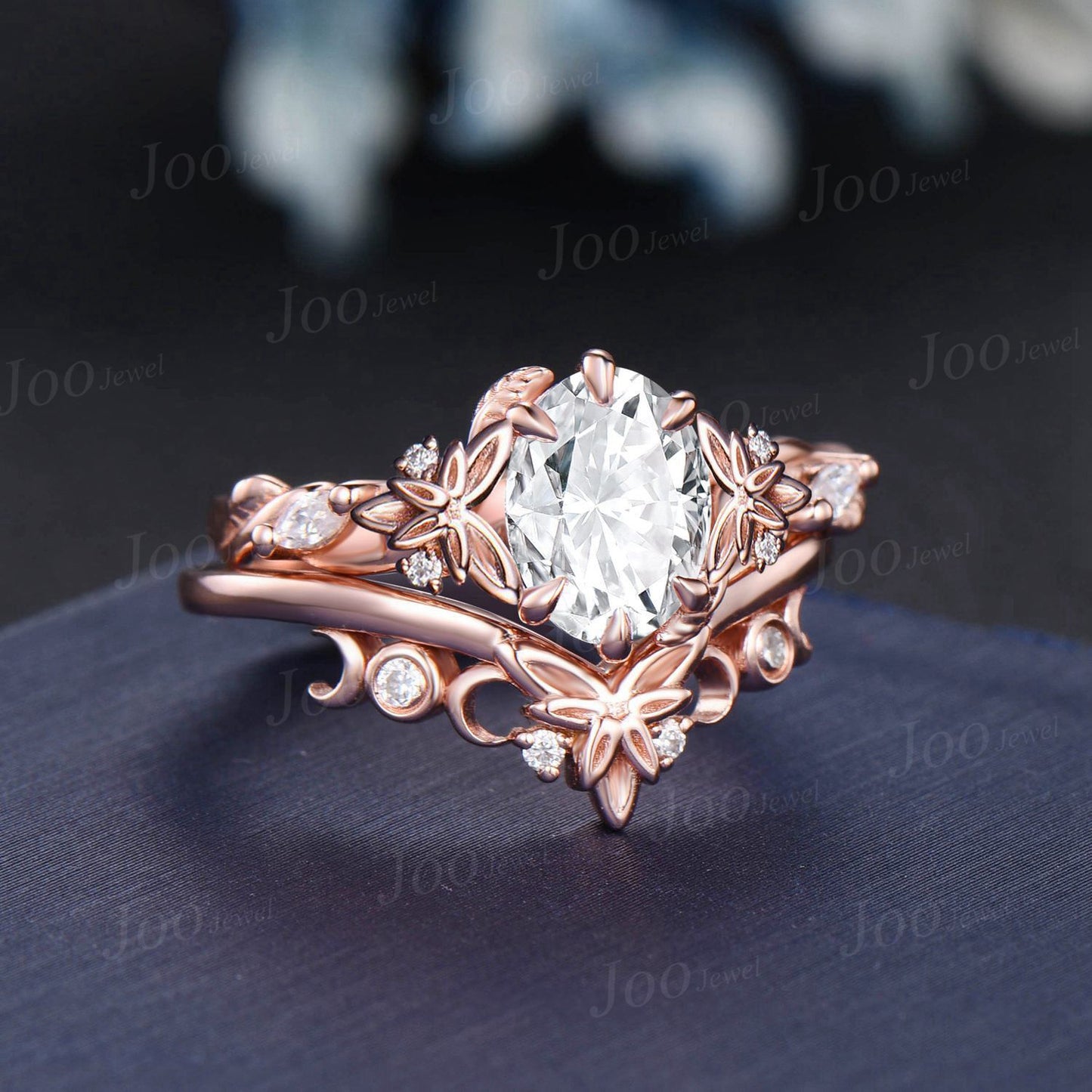 Viking Celtic Knot Crescent Moissanite Diamond Nature Engagement Ring Set Vintage 14k Rose Gold Twisted Leaf Branch Oval Wedding Ring Women