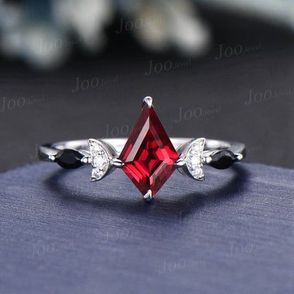 Unique Kite Cut Natural Red Garnet Engagement Ring Set Crescent Moon Wedding Ring Garnet and Black Gemstone Ring Celtic Knot Gothic Ring Set