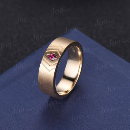 6mm Mens Kite Red Ruby Band 14K Solid Gold Men Solitaire Engagement Ring Brushed Finished Band Womens Ruby Wedding Band Unique Promise Ring