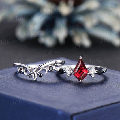 Unique Kite Cut Natural Red Garnet Engagement Ring Set Crescent Moon Wedding Ring Garnet and Black Gemstone Ring Celtic Knot Gothic Ring Set