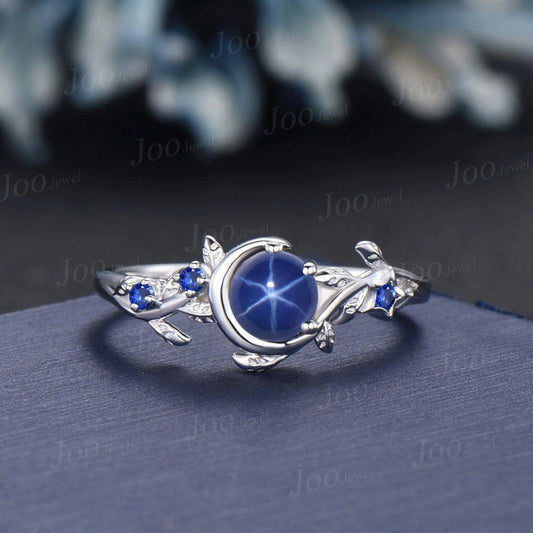 5mm Nature Inspired Round Cut Star Sapphire Moon Engagement Ring Blue Sapphire Wedding Ring Cluster Star Blue Ring Unique Personalized Gifts