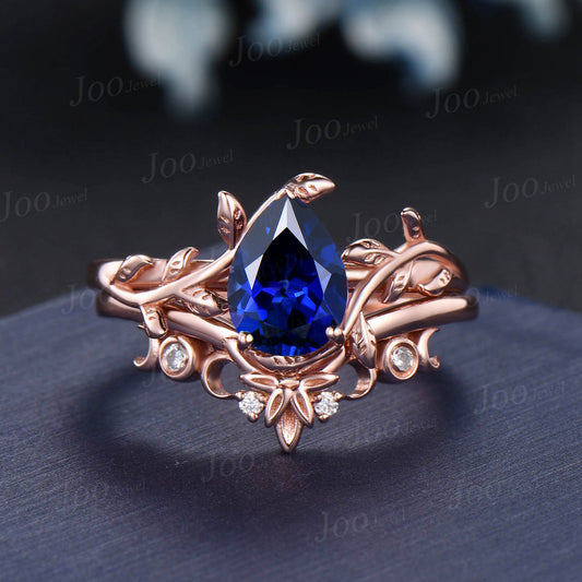 Branch Vine Blue Sapphire Ring Set 1.25ct Pear Engagement Ring Forest Inspired Triple Moon Moissanite Wedding Ring September Birthstone Gift