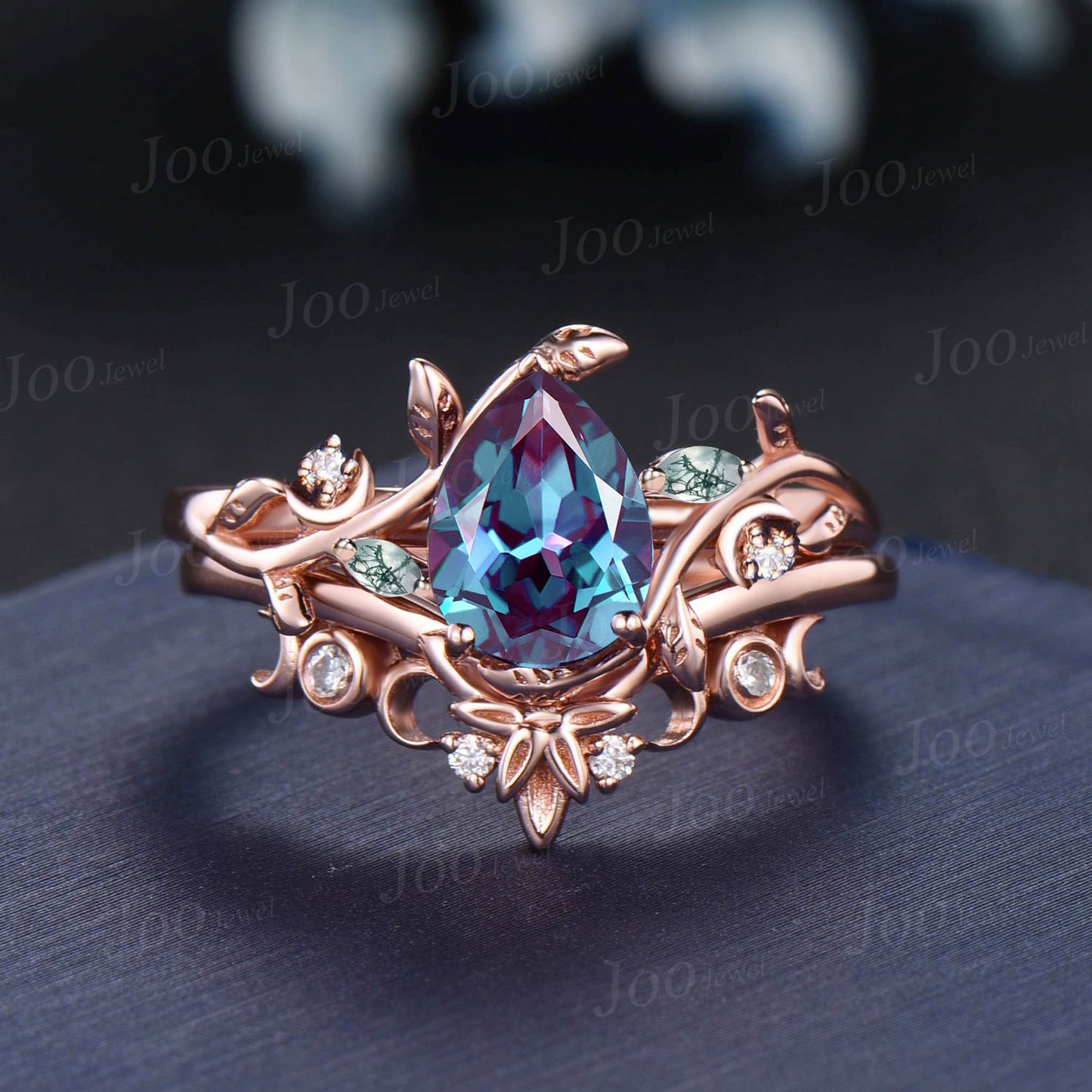 1.25ct Pear Nature Inspired Color-Change Alexandrite Moss Agate Bridal Set Triple Moon Leaf Celtic Moissanite Band Branch Alexandrite Ring