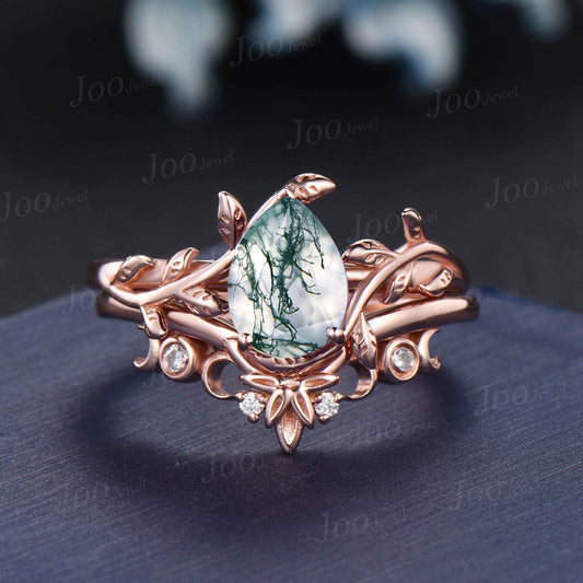 1.25ct Nature Inspired Twig Moss Agate Ring Pear Solitaire Rings Set Rose Gold Trinity Knot Half Moon Wedding Band Aquatic Agate Bridal Set