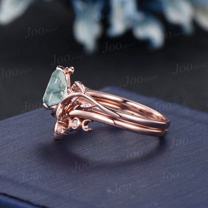 1.25ct Nature Inspired Twig Moss Agate Ring Pear Solitaire Rings Set Rose Gold Trinity Knot Half Moon Wedding Band Aquatic Agate Bridal Set