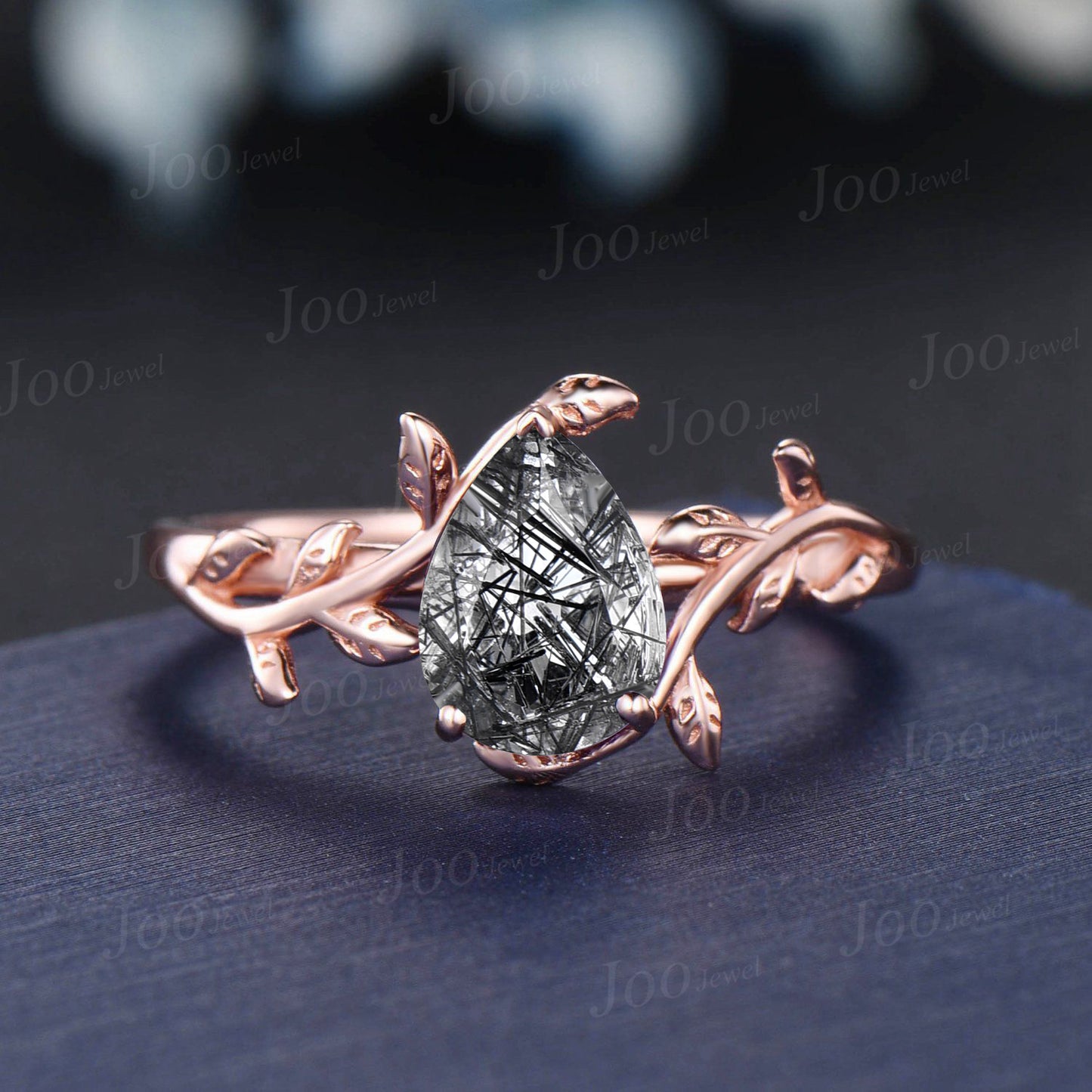 Natural Black Rutilated Quartz Ring Unique Pear Engagement Ring Set Rose Gold Vintage Nature Inspired Celtic Moon Black Diamond Wedding Ring
