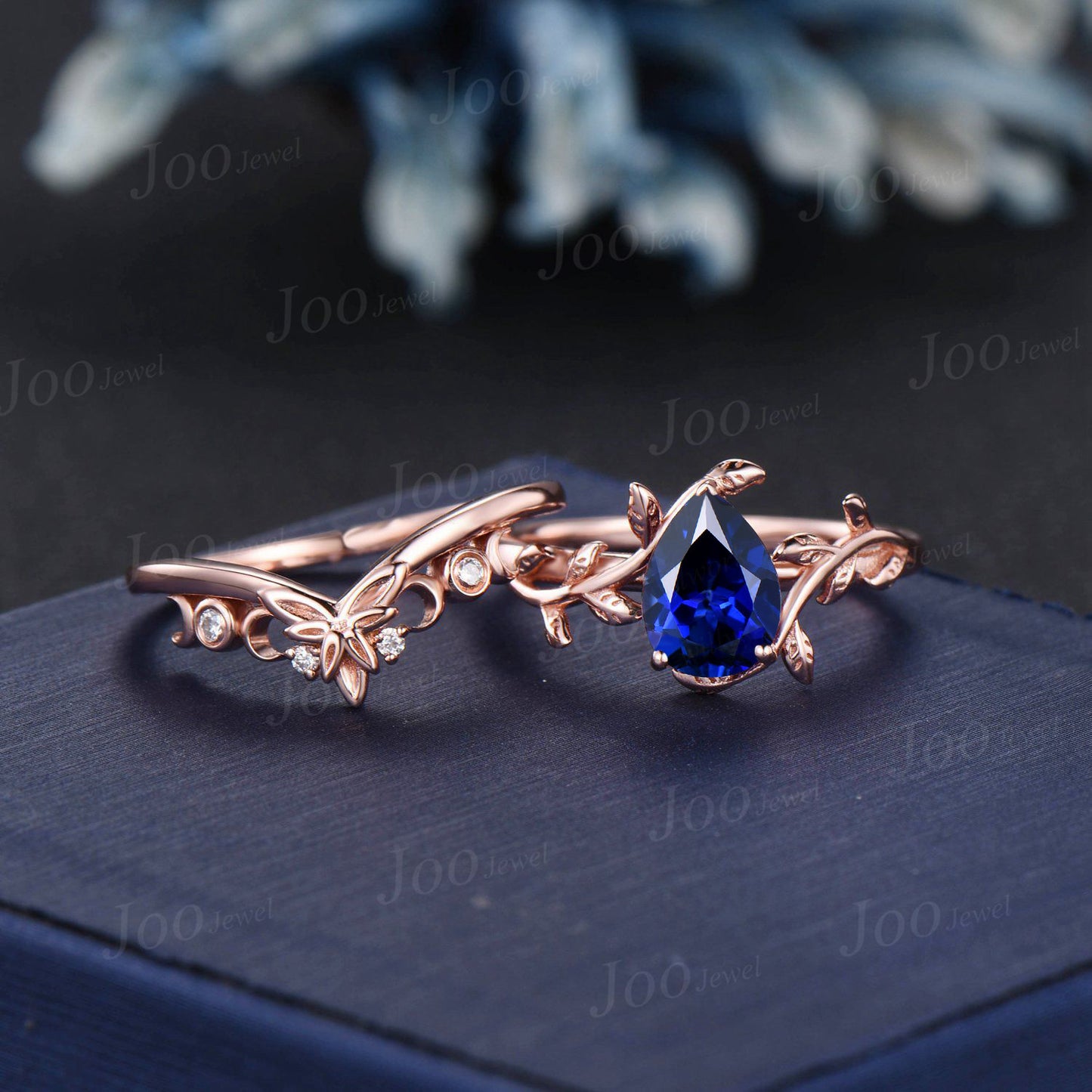 Branch Vine Blue Sapphire Ring Set 1.25ct Pear Engagement Ring Forest Inspired Triple Moon Moissanite Wedding Ring September Birthstone Gift