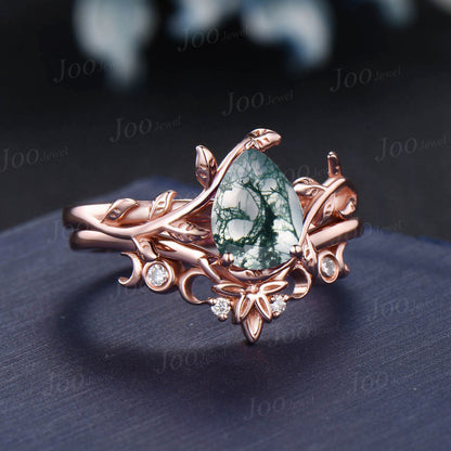 1.25ct Nature Inspired Twig Moss Agate Ring Pear Solitaire Rings Set Rose Gold Trinity Knot Half Moon Wedding Band Aquatic Agate Bridal Set