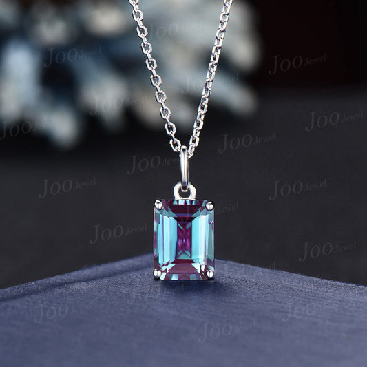 Emerald Cut Color-Change Alexandrite Necklace Solid 14K Rose Gold June Birthstone Gemstone Necklace Vintage Crystal Charm Solitaire Pendants