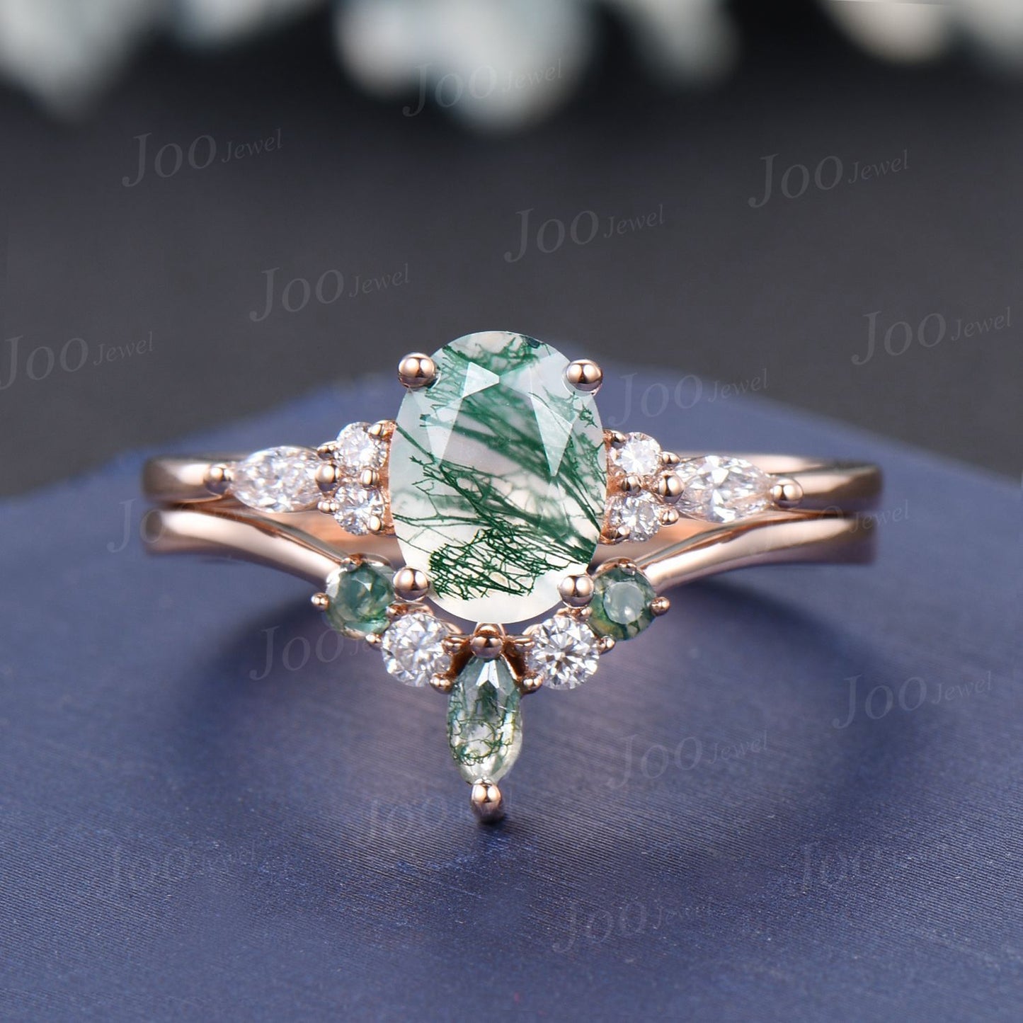 1.5ct Oval Natural Green Moss Agate Moissanite Engagement Ring Set for Women 10K/14K/18K Rose Gold Antique Landscape Gemstone Wedding Ring