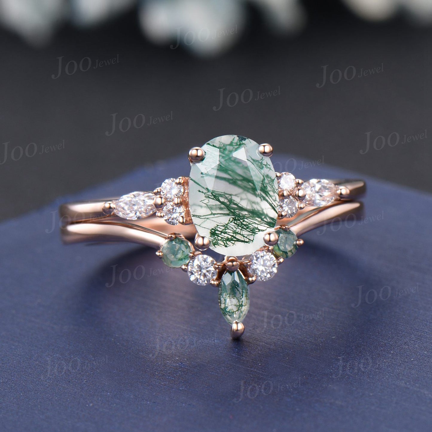 1.5ct Oval Natural Green Moss Agate Moissanite Engagement Ring Set for Women 10K/14K/18K Rose Gold Antique Landscape Gemstone Wedding Ring