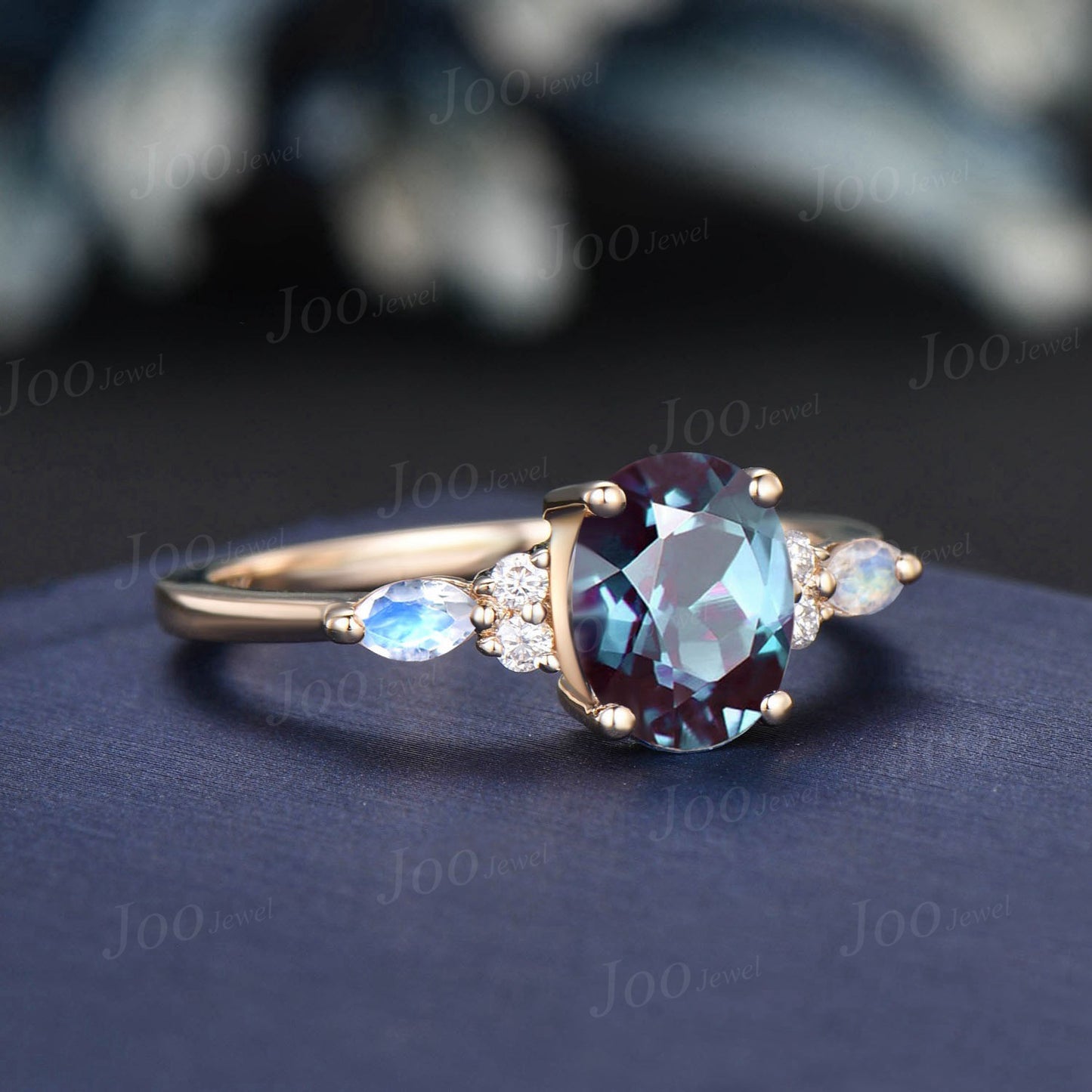 1.5ct Oval Alexandrite Ring Moonstone Cluster Engagement Ring Rose Gold June Birthstone Color Change Stone Unique Wedding Anniversary Gift
