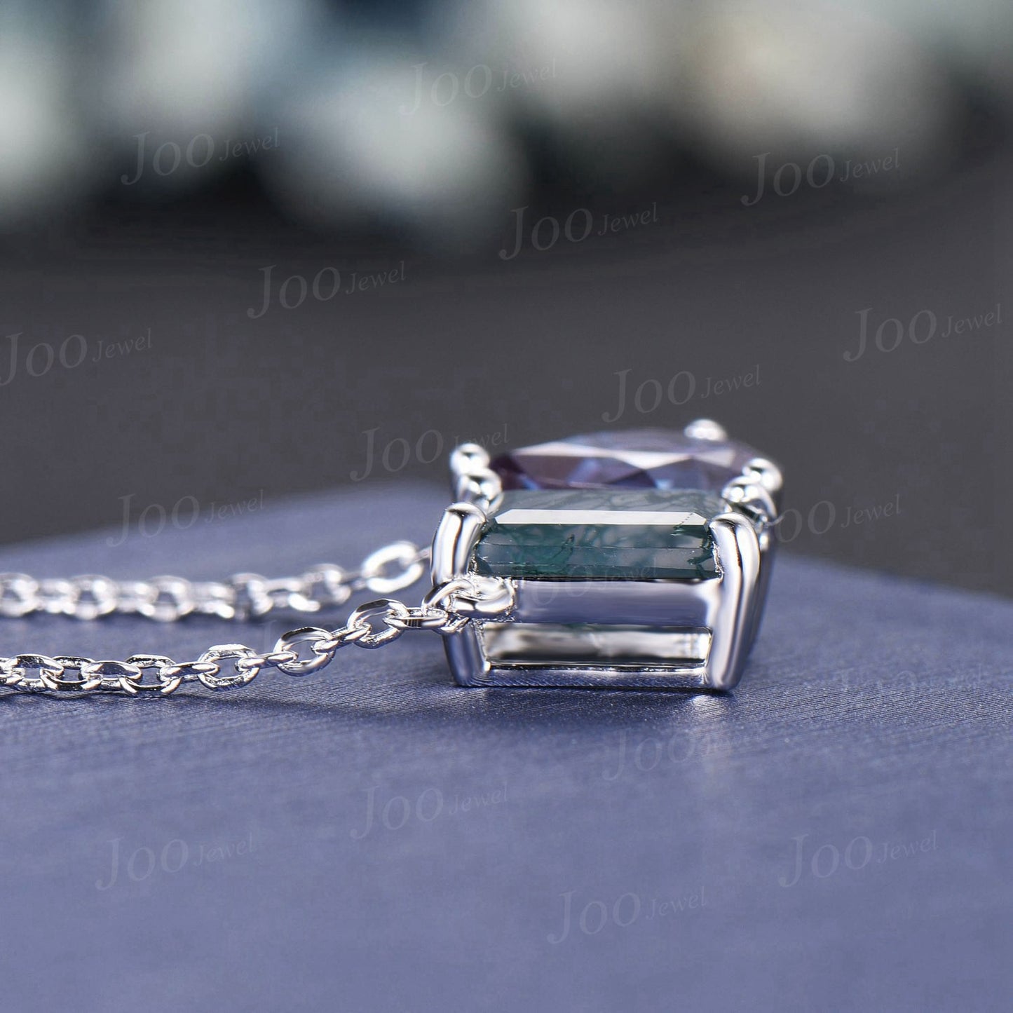 14k White Gold Toi Et Moi Pendant,Pear Alexandrite Emerald Moss Agate Two Stone Pendant Necklace Unique Couple/Best Friend Necklaces