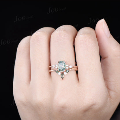 1.5ct Oval Natural Green Moss Agate Moissanite Engagement Ring Set for Women 10K/14K/18K Rose Gold Antique Landscape Gemstone Wedding Ring