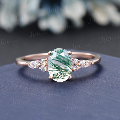 1.5ct Oval Natural Green Moss Agate Moissanite Engagement Ring Set for Women 10K/14K/18K Rose Gold Antique Landscape Gemstone Wedding Ring