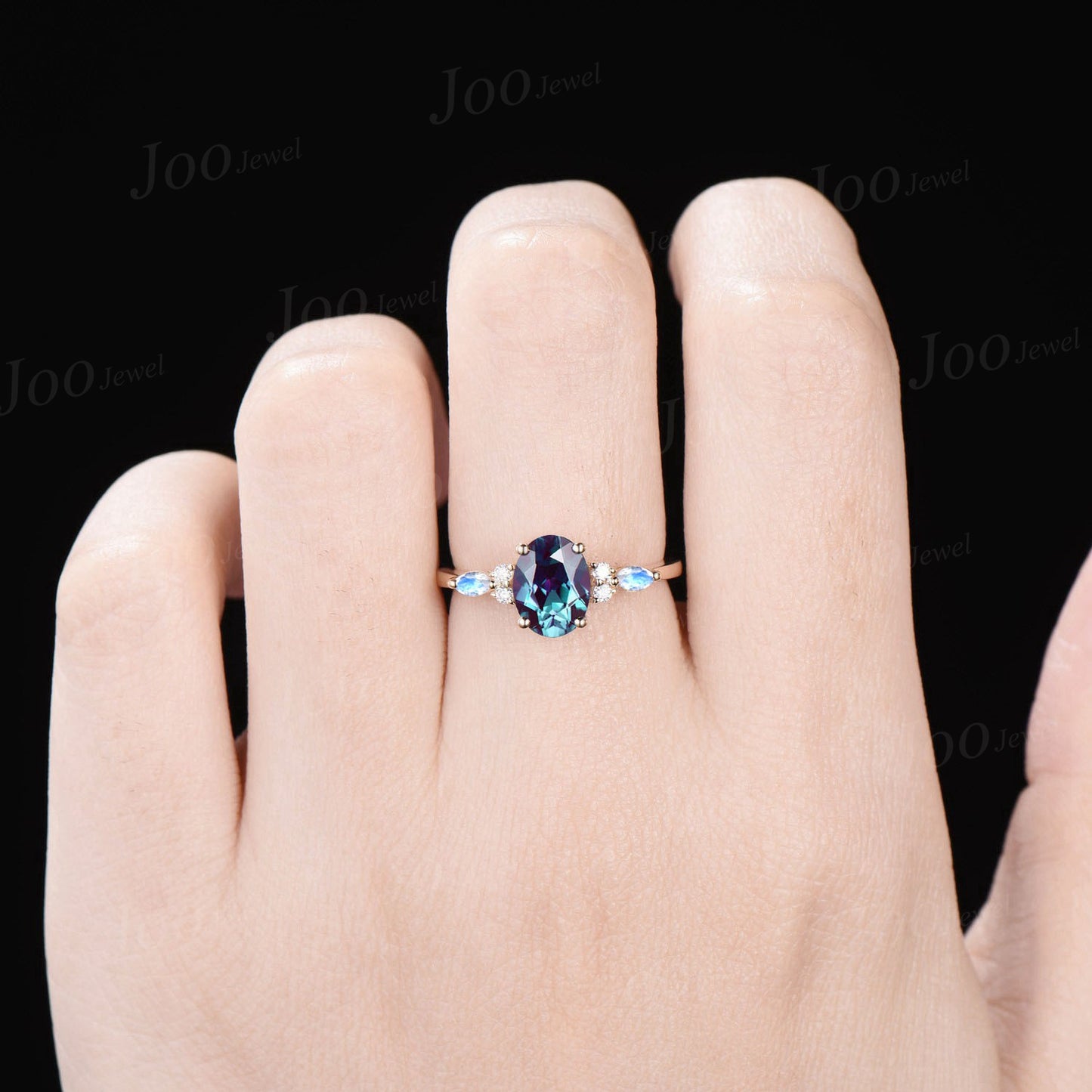 1.5ct Oval Alexandrite Ring Moonstone Cluster Engagement Ring Rose Gold June Birthstone Color Change Stone Unique Wedding Anniversary Gift